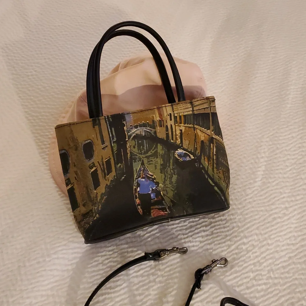 Bueno Brand Stylish Black & Gold Venice Print Handbag